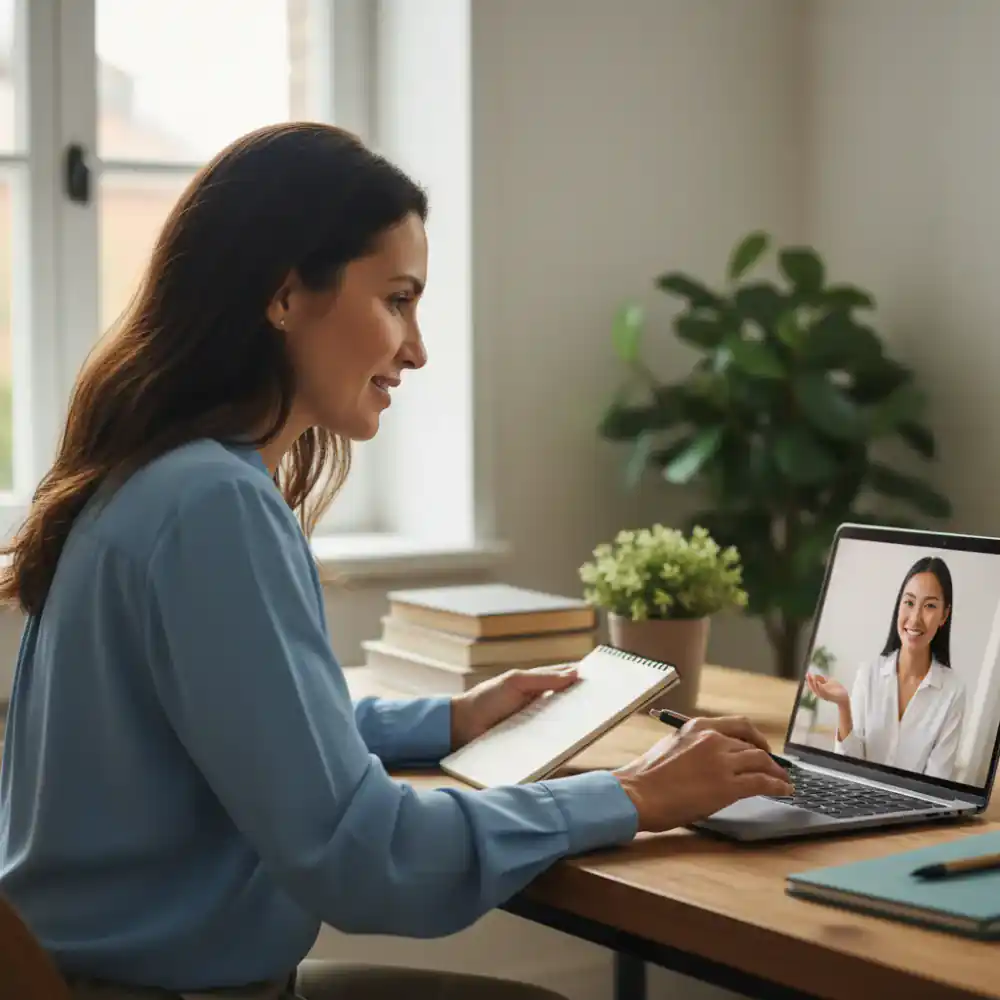 Adult learner engaging in a focused one-on-one online language session