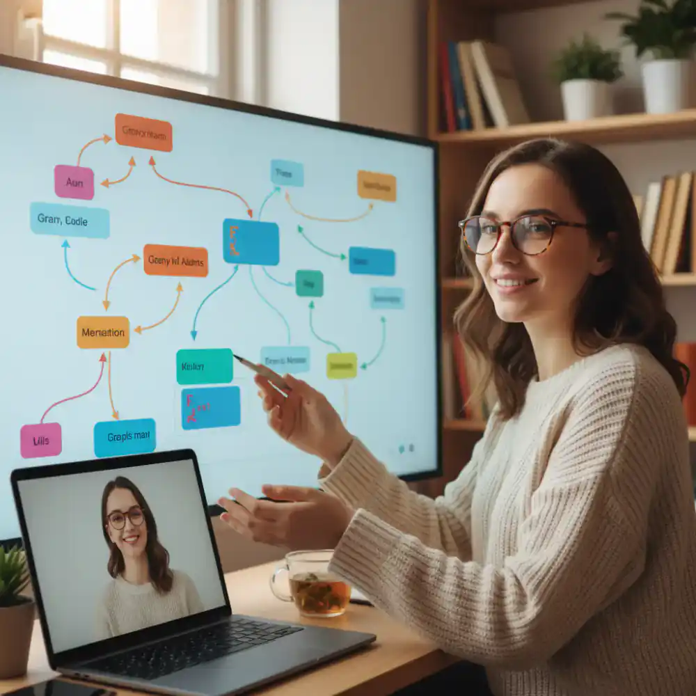 Tutor explaining language concepts visually during a digital session