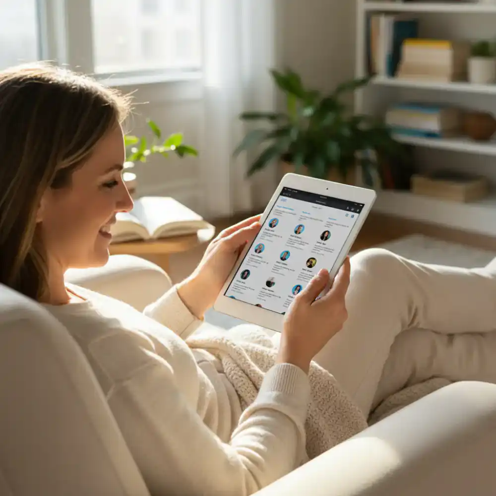 Person comfortably reading updates on a digital tablet