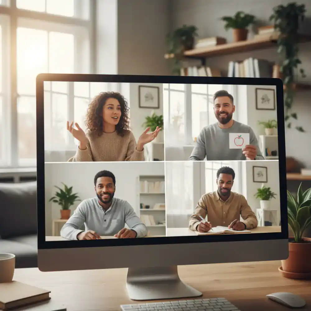 Adults engaging in an online language learning session